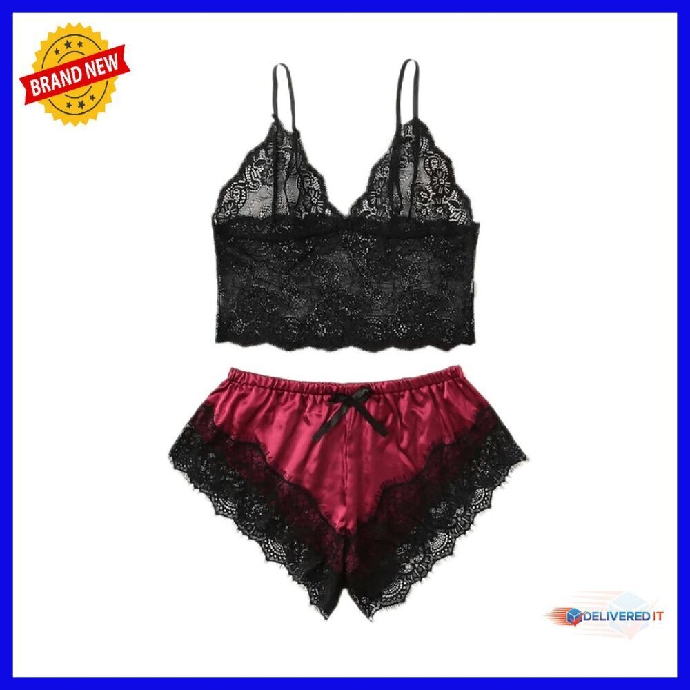 Plus Size Lace Trim Bralette and Shorts Sleepwear Set Satin